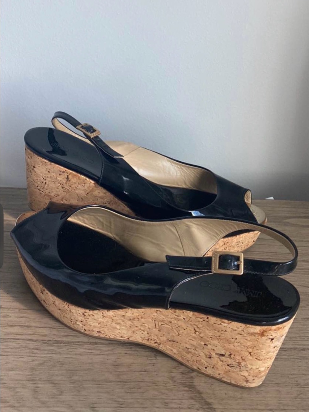 Jimmy Choo Black Patent Leather Wedge Peep-Toe Size IT 41 - US 10.5 width 3”